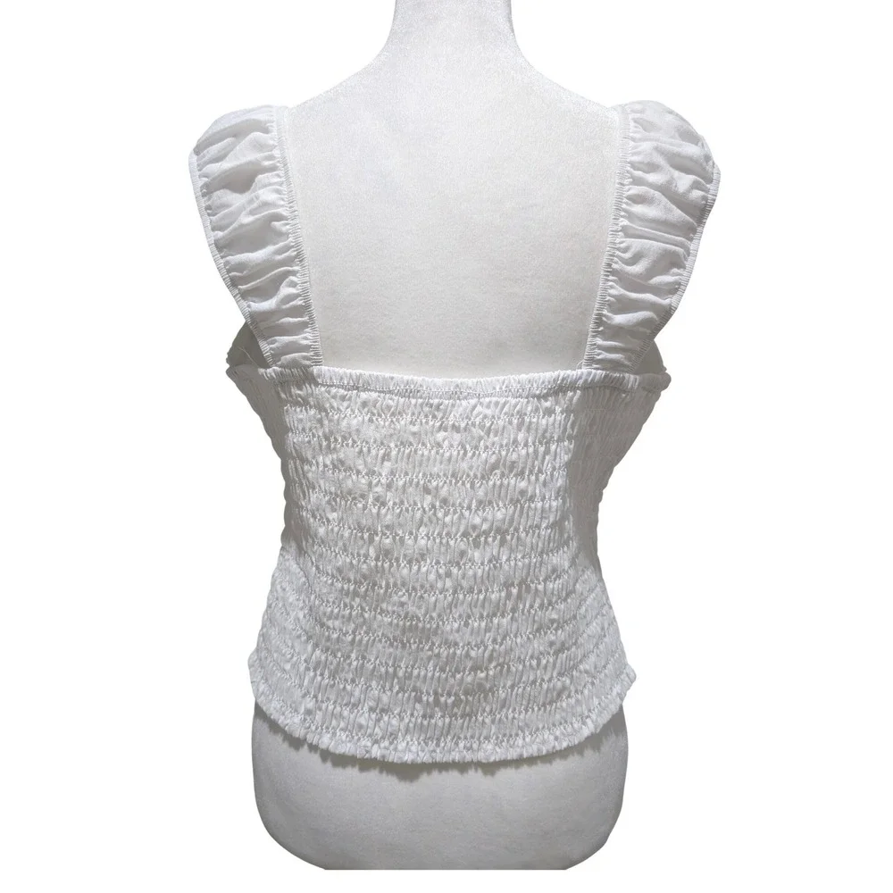 White Milkmaid Top Black Ribbon Trim Smocked Back Coquette Cottagecore Summer L